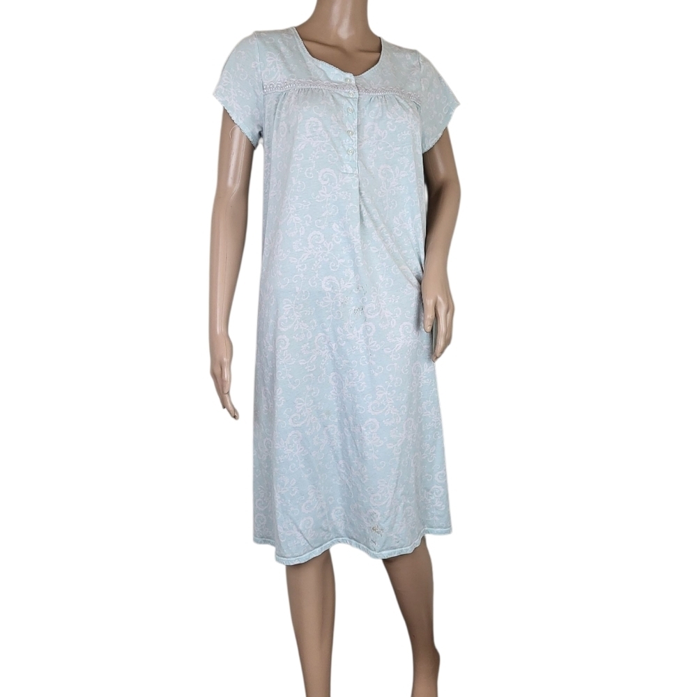 Aria Blue Floral Nightgown Lace Trim Short Sleeve Sleepwear